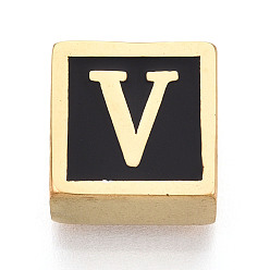 Letter V 304 Квадратные распорные планки из нержавеющей стали с черным эмалевым покрытием, 2-луночное, ионное покрытие (ip), реальный 18 k позолоченный, Буква V, 12x12x6 мм, отверстие : 4.5 мм
