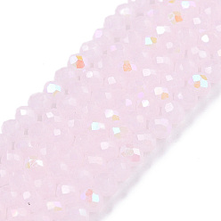 Pink Стеклянные бусины с гальваническим покрытием , имитация нефрита, с половиным покрытием, с покрытием цвета радуги, граненые, рондель, розовые, 2.3~2.7x1.5 мм, отверстие : 0.4 мм, около 135~140 шт / нитка, 26~27 см