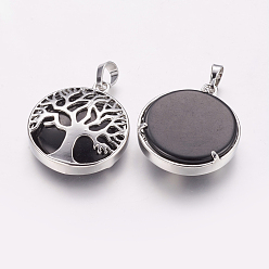 Black Agate Natural Black Agate Pendants, with Brass Findings, Platinum, Flat Round with Tree, 31x27x6.5~7mm, Hole: 5x8mm