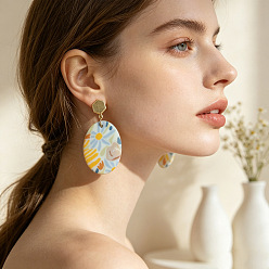Colorful Handmade Polymer Clay & Alloy Stud Dangle Earrings, Oval with Flower Pattern, Golden, Colorful, 44x23mm