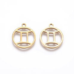Близнецы 201 подвески из нержавеющей стали, ручная полировка, кольцо с двенадцатью созвездиями, золотые, Близнецы, 18x16x1.5 мм, отверстие : 1.6 мм