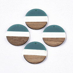 Темный Голубой Подвески из трехцветной смолы и ореха, плоско-круглые, темные голубые, 28x3.5 мм, отверстие : 2 мм