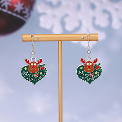 Олень Серьги-подвески из сплава с эмалью в рождественской тематике, платина, олень, 40x22 мм