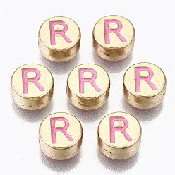 Letter R Legierung Emaille-Perlen, cadmiumfrei und bleifrei, flach rund mit Anfangsbuchstaben, Licht Gold, hot pink, Buchstabe r, 8x4 mm, Bohrung: 1.5 mm