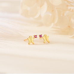 Gingerbread Man 925 стерлингового серебра кубического циркония серьги стержня, золотые, Колобок, 6x7 мм
