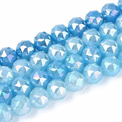 Темно-Голубой Антикоррозийные гальванические стеклянные бусины, круглые, имитация нефрита, градиент цвета, граненые, глубокое синее небо, 9~10 мм, отверстие : 1.2~1.6 мм, около 41~42 шт / нитка, 14.76~15.16 дюйм (37.5~38.5 см)