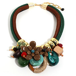 Разноцветный Кольцо-бабочка с цветком, подвеска из акрила и дерева 2-нить из хлопкового шнура, ожерелье-нагрудник для женщин, золотые, красочный, 23.23 дюйм (59 см)