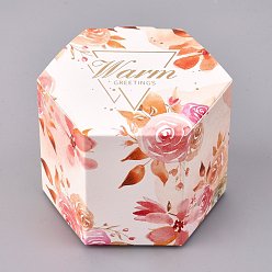 Sandy Brown Hexagon Shape Candy Packaging Box, Wedding Party Gift Box, Boxes, Flower and Word Warm Pattern, Sandy Brown, 7.1x8.2x6.3cm, Unfold: 22.9x12.25x0.08cm