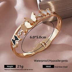 Butterfly 304 Stainless Steel Black Enamel Hinged Cuff Bangles with Crystal Rhinestone and Natural White Shell for Women, Golden, Butterfly, Inner Diameter: 2.36 inch(6cm)