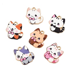 Mixed Color Printed Alloy Pendants, Cat Shape with Bow Tie Charms, Golden, Mixed Color, 21x19x2mm, Hole: 2mm
