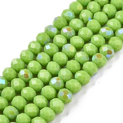 Желто-Зеленый Гальванизировать непрозрачные сплошной цвет стеклянные бусы пряди, с половиным покрытием цвета радуги, граненые, рондель, желто-зеленый, 3.5~3.8x3 мм, отверстие : 0.4 мм, около 105~110 шт / нитка, 29~31 см