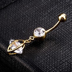 Transparent Messing Zirkonia Nabel Ring, Bauchringe, mit 304 Edelstahlleiste, cadmiumfrei und bleifrei, echt 18 k vergoldet, Pferd Auge, Transparent, 38x12 mm, Stangenlänge: 3/8"(10mm), Stange: 14 Spurweite(1.6mm)