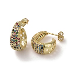 Colorful Brass Micro Pave Cubic Zirconia Stud Earrings, Half Hoop Earrrings, Colorful, 20x18mm