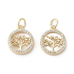 Real 18K Gold Plated Brass Micro Pave Cubic Zirconia Pendants, with Shell, Flat Round with Tree, Real 18K Gold Plated, 14x12x3mm, Hole: 3mm