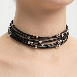 Черный Женские многорядные чокеры из круглых бусин из сплава и искусственной кожи, платина, чёрные, 11.61 дюйм (29.5 см)