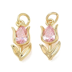 Pink Colgantes de latón con microengaste de circonitas cúbicas rosas para el día de San Valentín, encantos de la flor, real 18 k chapado en oro, 16x8x5 mm, agujero: 3.5 mm