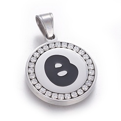 Letter B 304 Stainless Steel Enamel Pendants, with Cubic Zirconia, Flat Round with Letter, Stainless Steel Color, Clear, Letter.B, 29x25x3mm, Hole: 5.5x8.5mm