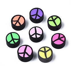 Mixed Color Handmade Polymer Clay Beads, Flat Round with Peace Sign, Mixed Color, 9~10x4.5mm, Hole: 1.6mm