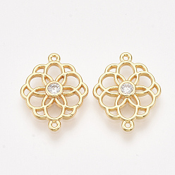Прозрачный Соединители латунные звенья, с кубического циркония, реальный 18 k позолоченный, без никеля , цветок, прозрачные, 20x15x2 мм, отверстие : 1 мм