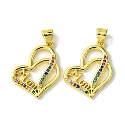 Golden Mother's Day Brass Micro Pave Cubic Zirconia Pendants, Cadmium Free & Nickel Free & Lead Free, Heart with Word Mom, Golden, 22x17x2.5mm, Hole: 5mm
