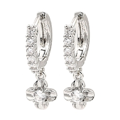 Платина Серьги-кольца из латуни с цирконием, цветок, платина, 22x7.5 мм