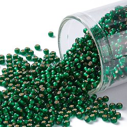 (36F) Matte Silver Lined Emerald Green Toho runde Rocailles, japanische Rocailles, (36 f) matt silberfarbenes Smaragdgrün, 11/0, 2.2 mm, Bohrung: 0.8 mm, ca. 50000 Stk. / Pfund