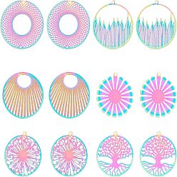 Rainbow Color 24шт 6 стиль ионного покрытия (ip) 201 филигранные подвески из нержавеющей стали, гравированные металлические украшения, плоский круглый и дерево жизни и цветок и одуванчик, Радуга цветов, 27x25x0.2 мм, отверстие : 1.4 мм