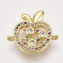 Golden Brass Micro Pave Cubic Zirconia Links, Apple, Colorful, Golden, 17.5x19x2.5mm, Hole: 1mm