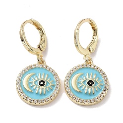 Deep Sky Blue Golden Brass Dangle Leverback Earrings, with Enamel and Cubic Zirconia, Evil Eye & Moon, Deep Sky Blue, 29x14mm