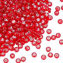 Красный Прозрачные акриловые бусины, горизонтальное отверстие, плоские круглые с буквы, красные, 7x4 мм, отверстие : 1.5 мм, 800 шт