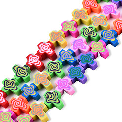 Colorful Handmade Polymer Clay Beads Strands, Cross, Colorful, 12x10x4~5mm, Hole: 1.6mm, about 40pcs/strand, 15.75 inch(40cm)