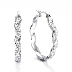 Stainless Steel Color 304 Stainless Steel Hoop Earrings, with Polymer Clay and Rhinestone, Wave Ring, Stainless Steel Color, 32x31x4mm, Pin: 1x0.8mm