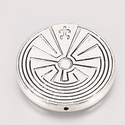 Antik Silber Farbe Tibetischer stil legierung perlen, flach rund mit labyrinth, Cadmiumfrei und Nickel frei und Bleifrei, Antik Silber Farbe, 27x4 mm, Bohrung: 1 mm, ca. 75 Stk. / 1000 g
