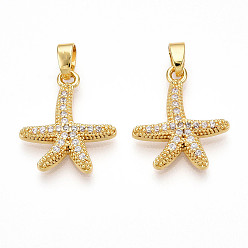 Настоящее золото 18K Латунные микро проложить кубического циркония подвески, без кадмия и без свинца, прелести морская звезда, реальный 18 k позолоченный, 17.5x15.5x3 мм, отверстие : 5x2.5 мм