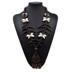 Teardrop Ожерелье в стиле бохо из кокосового волокна, дерева и натуральных ракушек, выполненное вручную в этническом стиле, с длинными кисточками и бусинами, идеально подходит для пляжного отдыха., кокосового коричневый, слеза, 31.50 дюйм (80 см)