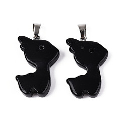 Обсидиан Природные подвески обсидиана, подвески в виде рождественских оленей с дужками из нержавеющей стали, цвет нержавеющей стали, 33x22x6~7 мм, отверстие : 3~4x7.5~8 мм