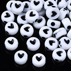White Opaque Acrylic Beads, Flat Round with Heart, White, 7x4mm, Hole: 1.8mm, about 3677pcs/500g