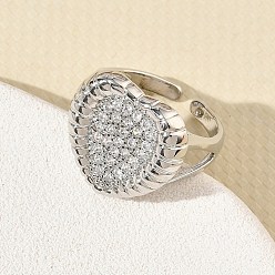 Platinum Brass Micro Pave Cubic Zirconia Cuff Open Rings for Women, Heart, Long-Lasting Plated, Rack Plating, Lead Free & Cadmium Free, Platinum, US Size 7 1/4(17.5mm), Heart: 18x19mm