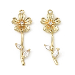 Настоящее золото 14K Латунные микро проложить кубического циркония подвески, без кадмия, без никеля и без свинца, цветок, реальный 14 k позолоченный, 31x11x3 мм, отверстие : 1.4 мм