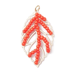 Оранжево-Красный Подвески из стеклянных бусин ручной работы в форме листьев, с 304 кольцами из нержавеющей стали и латунными подвесками, оранжево-красный, 34.5x19.5x2.5 мм, отверстие : 3 мм