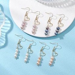 Золотой Латунные серьги-подвески в форме сердца с жемчужными бусинами, золотые, 52x13 мм