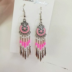 Pink Серьги-люстры с кисточками, выполненные из сплава и эмали в богемном стиле, со стеклянными бисеринами, античное серебро, розовые, 50x15 мм