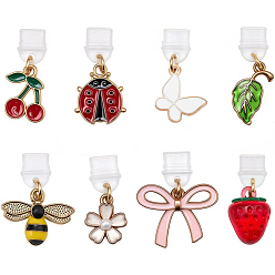 Mixed Color 8Pcs Plastic Mobile Dustproof Plugs, with Alloy Enamel & Acrylic Pendants, Mixed Shapes, Mixed Color, 26~29mm