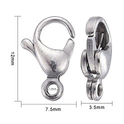 Stainless Steel Color 304 Stainless Steel Lobster Claw Clasps, Parrot Trigger Clasps, Manual Polishing, Stainless Steel Color, 12x7.5x3.5mm, Hole: 1.4mm