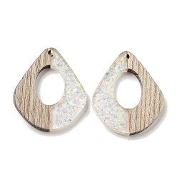 Прозрачный АВ Деревянные подвески, смола и золотая фольга, слеза, ясно AB, 32.5x27.5x4 мм, отверстие : 2 мм
