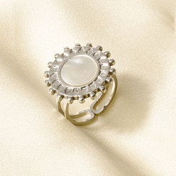 Нержавеющая Сталь Цвет 304 Открытые кольца-манжеты из нержавеющей стали с натуральными ракушками для женщин, солнце, цвет нержавеющей стали, 20 мм, внутренний диаметр: 17 мм