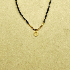 Letter O Женское ожерелье с подвеской из натуральной черной шпинели в форме круглой граненой буквы «Инициал» из нержавеющей стали, золотые, Письмо O, 14.96 дюйм (38 см)