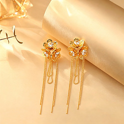 Flower Brass Micro Pave Cubic Zirconia Stud Earrings for Women, Golden, Tassel Earrings, Flower, 85x22mm