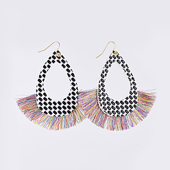 White PU Leather Dangle Earrings, with Nylon Tassel and Brass Earring Hooks, Teardrop, Golden, White, 83mm, Pin: 0.7mm