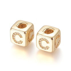 Letter C Brass Micro Pave Cubic Zirconia Beads, Long-Lasting Plated, Cube with Letter, Clear, Golden, Letter.C, 10x8x8.5mm, Hole: 1.5x3.5mm and 4mm